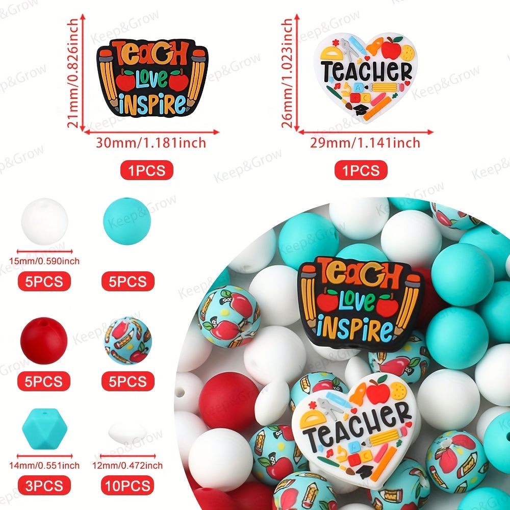TEMU 35 Pezzi Perline in Silicone a Tema Insegnante "Insegna, Ama, " per Creazione Gioielli, Penne, Bracciali, Collane e Assortimenti di Perline