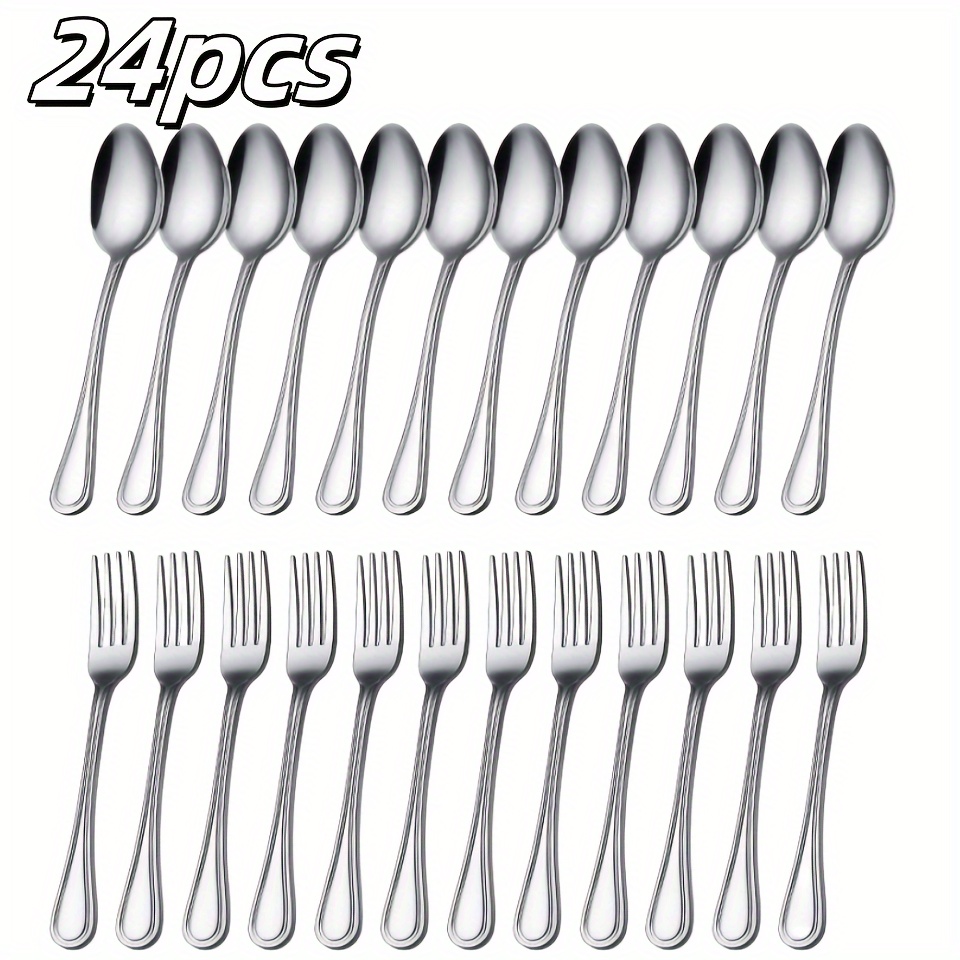 

24pcs Forks And Spoons, Silvery Flatware Set - 12 Forks And 12 Spoons For Home, Kitchen, Restaurant, Hotel, Dishwasher Safe.