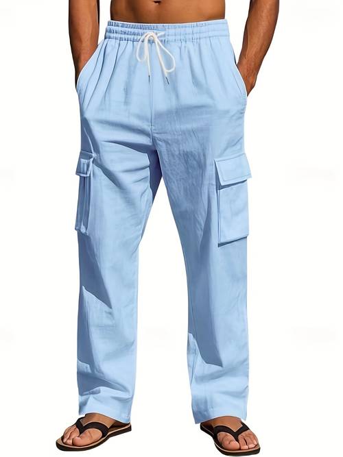 mens summer sports cargo casual pants beach pants with elastic waistband stretchy straight leg plain weave comfortable and breathable full length for vacation and leisure bohemian style non stretch