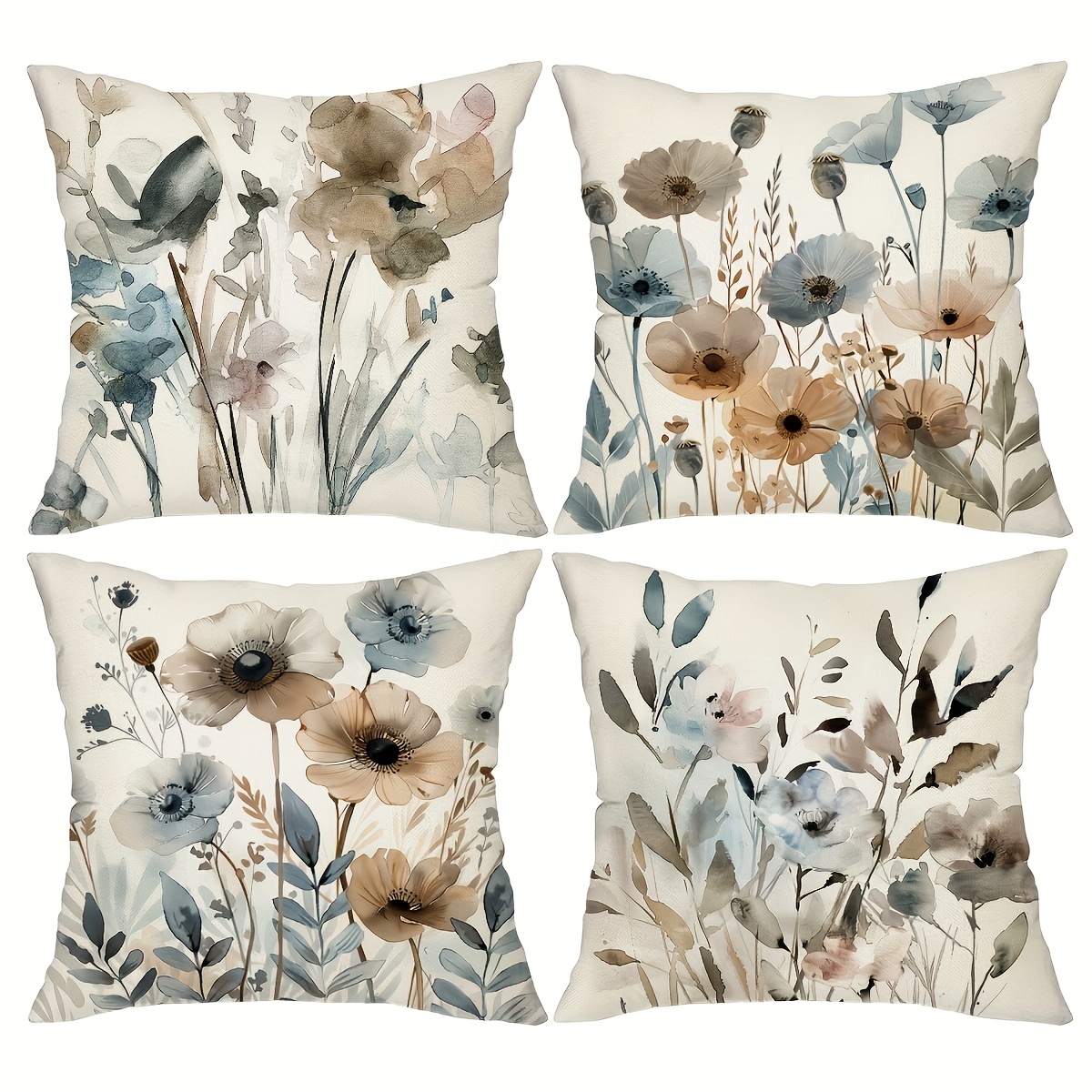 

4pcs, Watercolor Flowers Throw Pillow Covers, 18in*18in, Soft Green And Blue Tones Plants Decoratifile Cushion Covers, Home Decor For Sofa Bedroom Office Car Farmhouse, Without Pillow Cores.