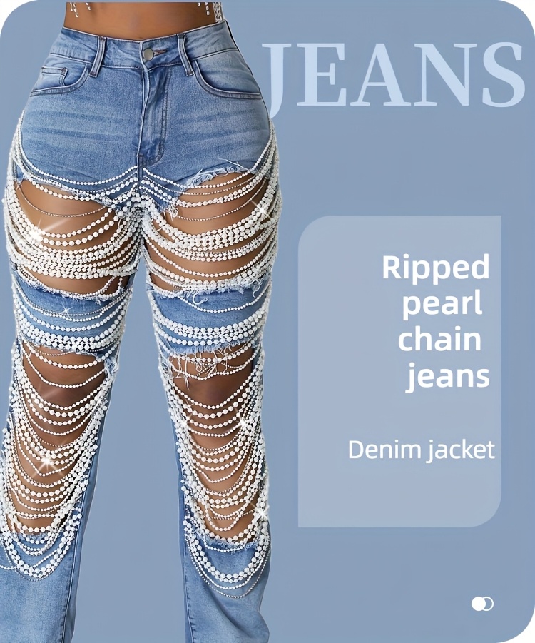 Vaqueros sexys para mujer con cintura lentejuelas y cadenas de perlas,  vaqueros holgados desgastados, ropa de club para fiestas, pantalones vaqu