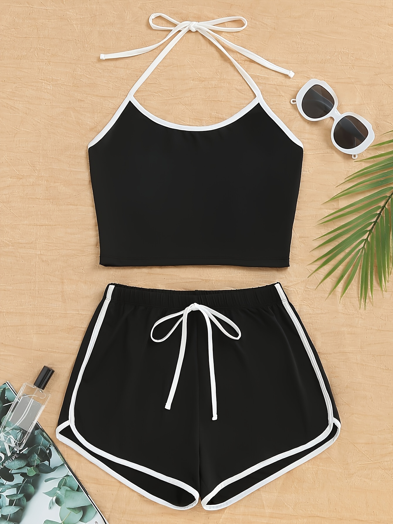 womens black two piece halter neck sports bra and shorts set polyester backless knit fabric   casual wear   home and exercise exercise wear   knit construction sports bra