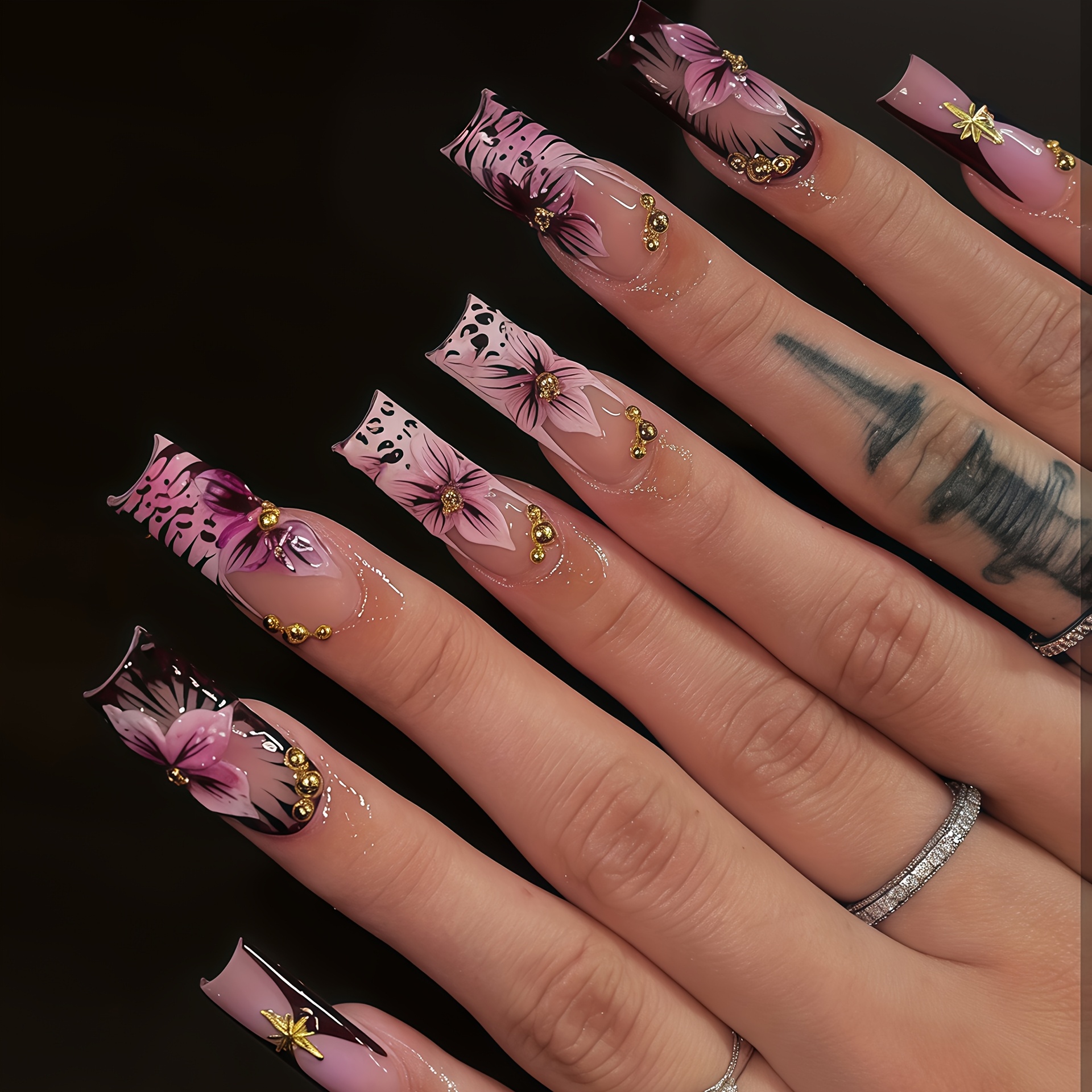 TEMU 24 stuks handgemaakte druk-op nagels geschikt voor dames - 3D paarse bloeiende bloem & luipaardprint met gouden kraal sterrenuitbarsting-punten,