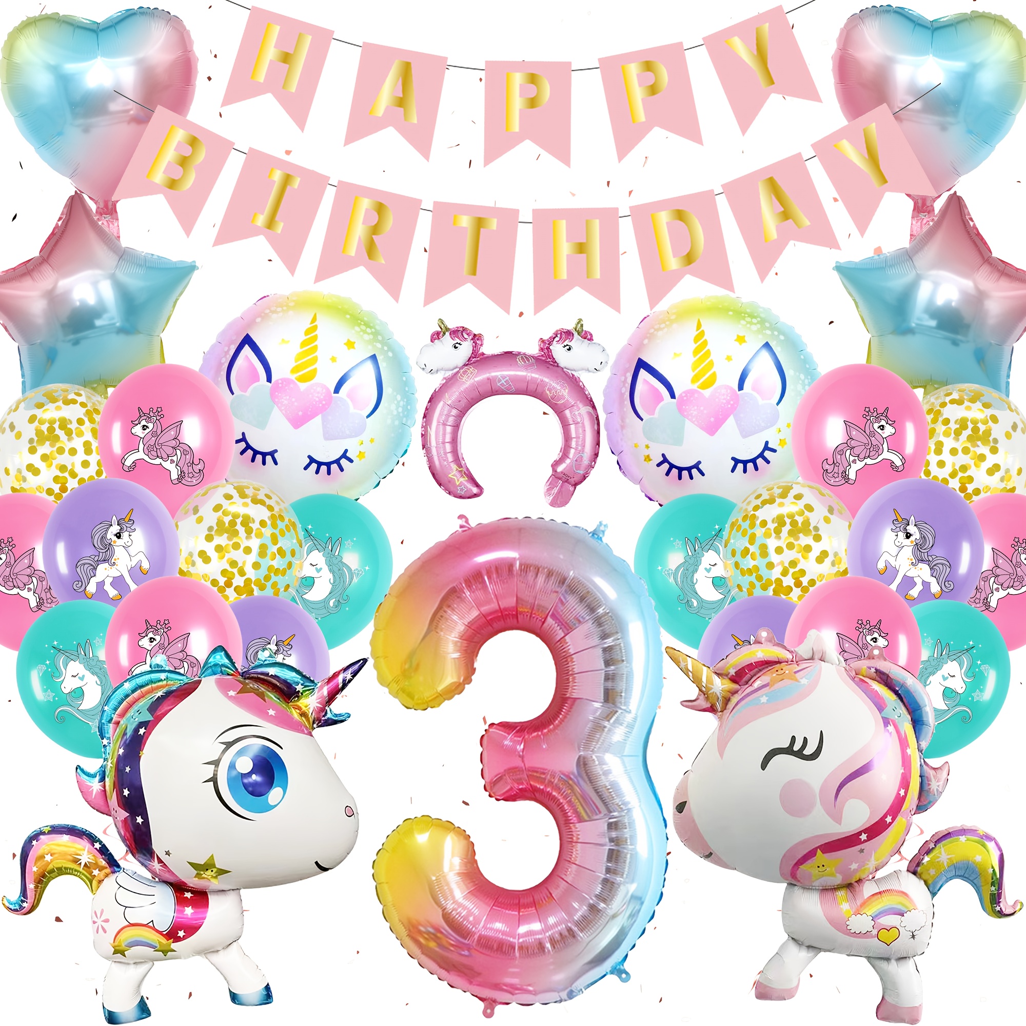 

43pcs Unicorn Balloon Birthday Party Decoration, Pink Large Unicorn Gradient Giant Number "3" "4" "5" "6" Aluminum Foil Balloon, Suitable For Girls "3" "4" "5" "6" Birthday Party Girls