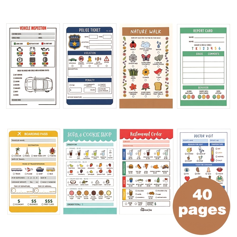 TEMU 8 Pack Pretend Play Notepads | Doctor , Report Card, Soda&, Restaurant Order | Imaginative Role Play Pads, 40 Sheets/pack, Lined Paper