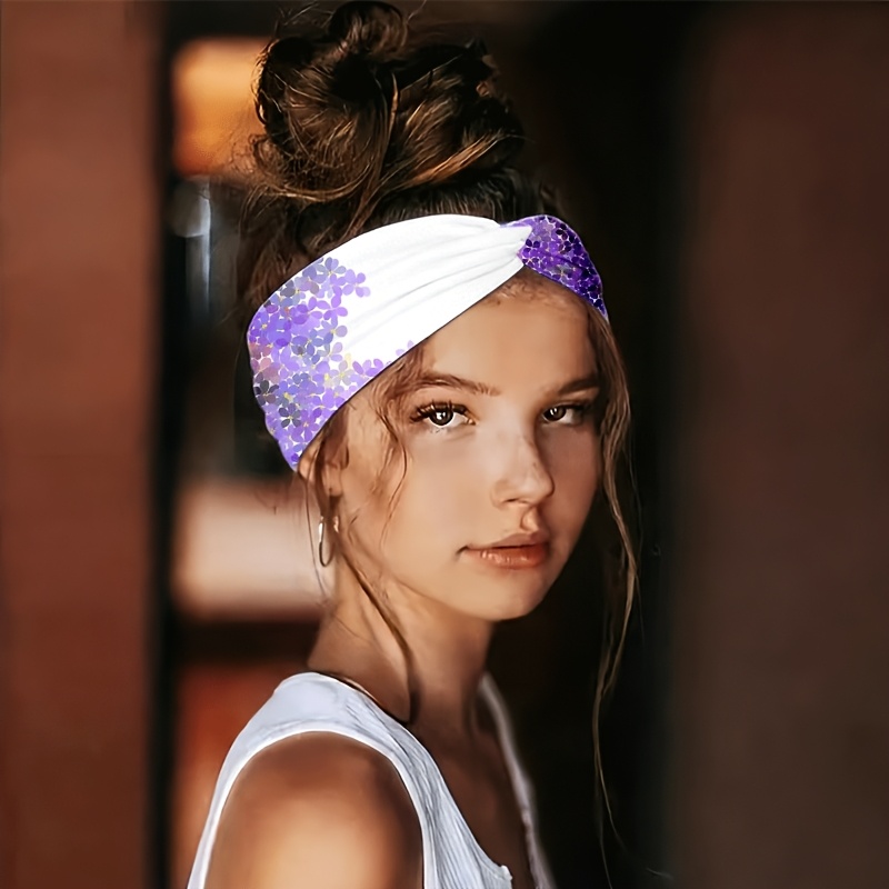 2D FLAT White Background with Purple Flower Gradient Sequin Pattern Headband, for Yoga / Gym / Running / Cycling, Travel / Outing / Beach, Wide-Brim / Fashion Hair Accessory / Sweat-Absorbent / Elastic / Knotted Design, Valentine's Day, 2D Flat
