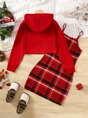 tween girls christmas dresses Tween Girl Red-Black Plaid Pattern Long Sleeve Arc Hem Dress, Suitable For Autumn/Winter, Christmas, Casual & Outdoor Occasions