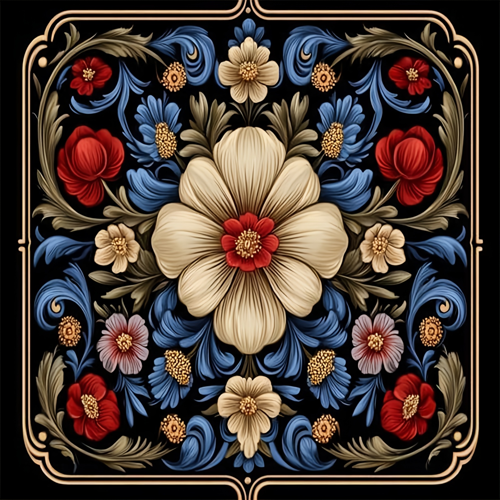 Cross-Stitch Printed Kit, Frameless, Black Background Floral Decoration Pattern