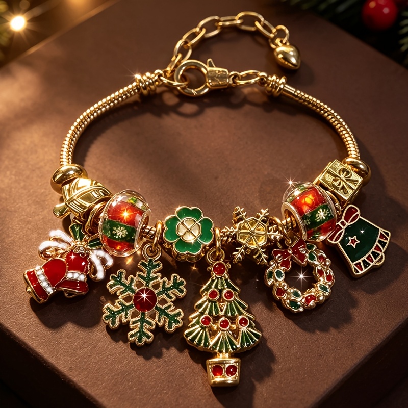 TEMU Christmas Theme Bead Snake Bracelet, Snowflake/christmas Tree/wreath/bell Pendant Golden Adjustable Women's Bracelet, Suitable For Christmas