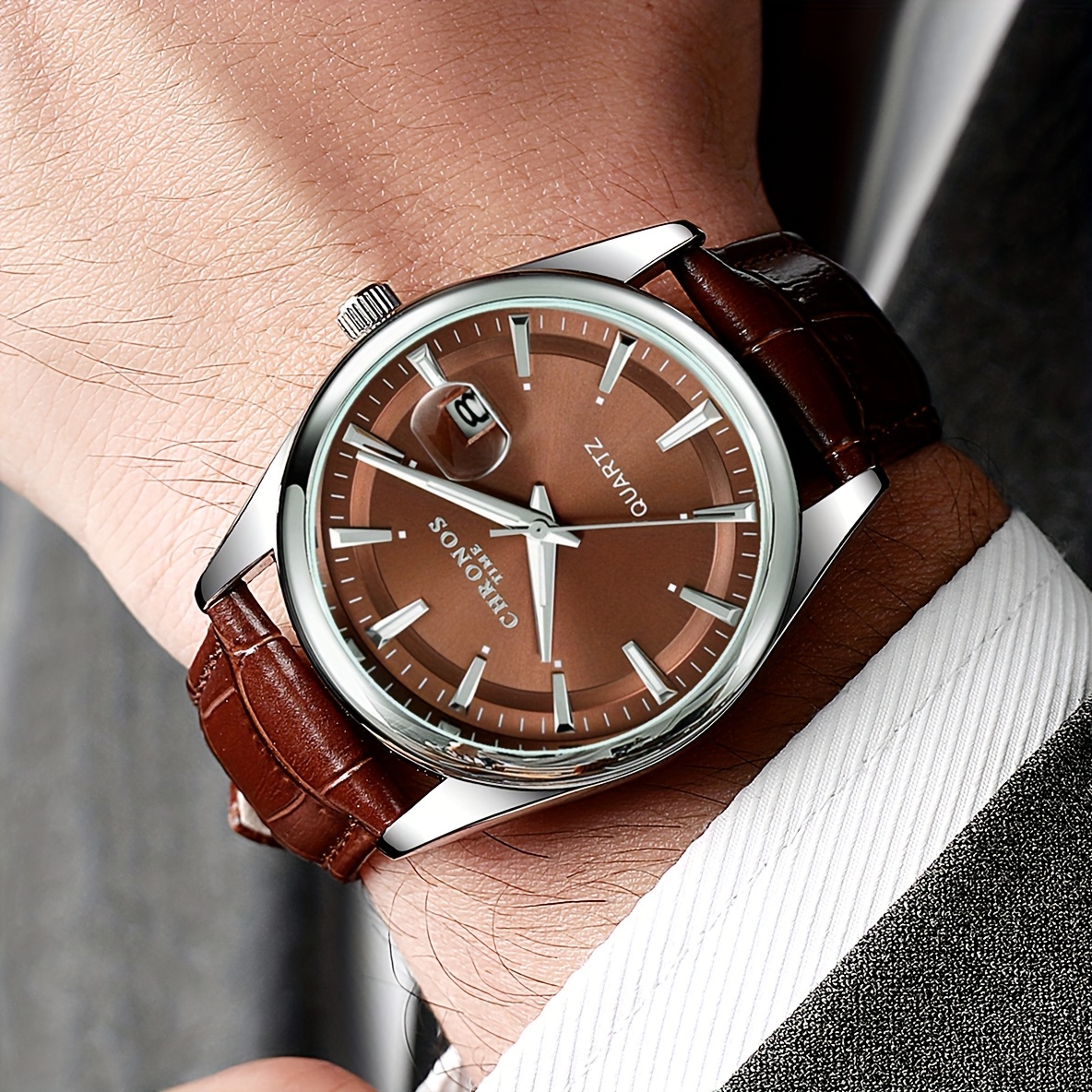 mens elegant brown dial watch genuine leather strap - Temu Nigeria