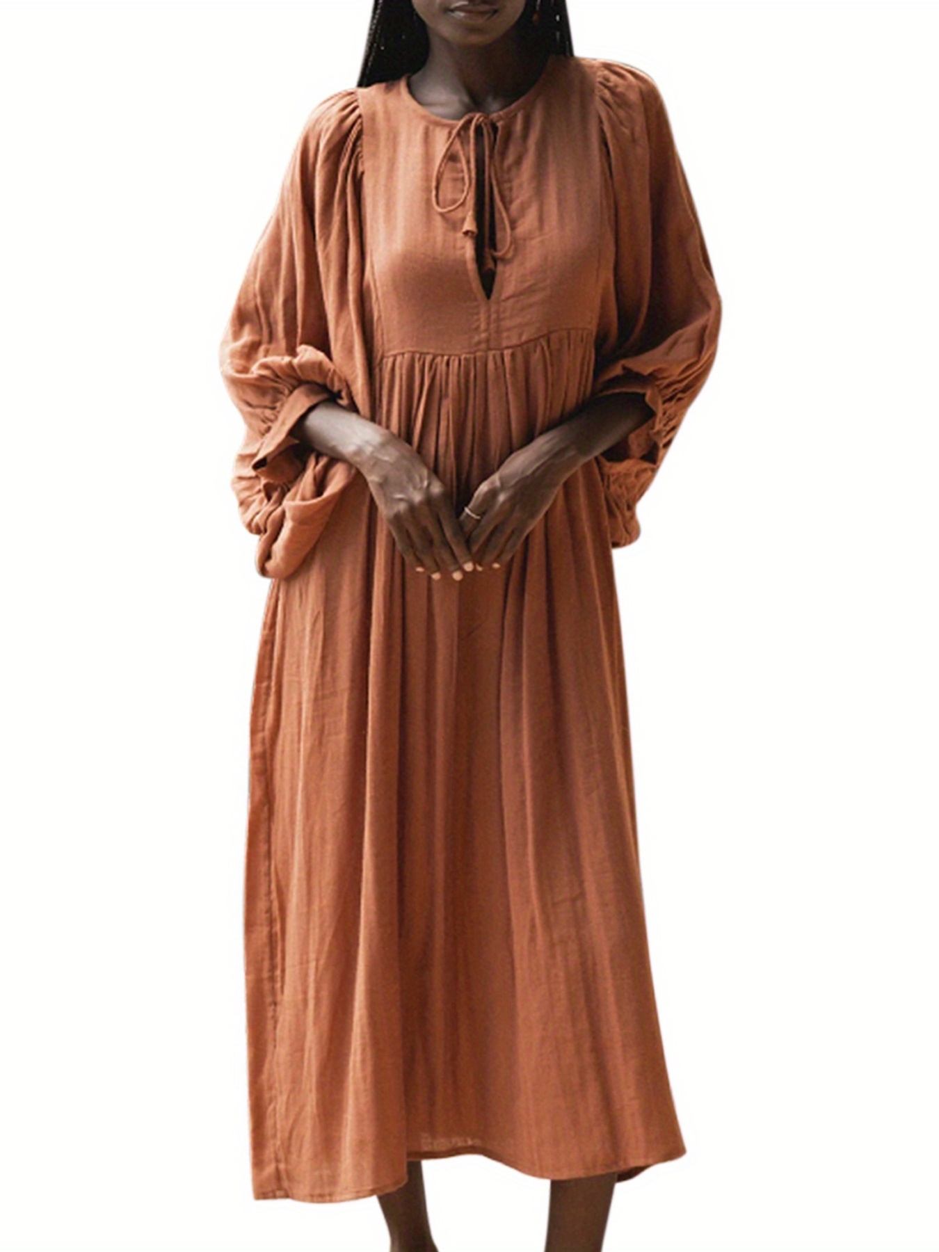 womens 100 cotton boho elegant 3 4 sleeve tie front midi - Temu