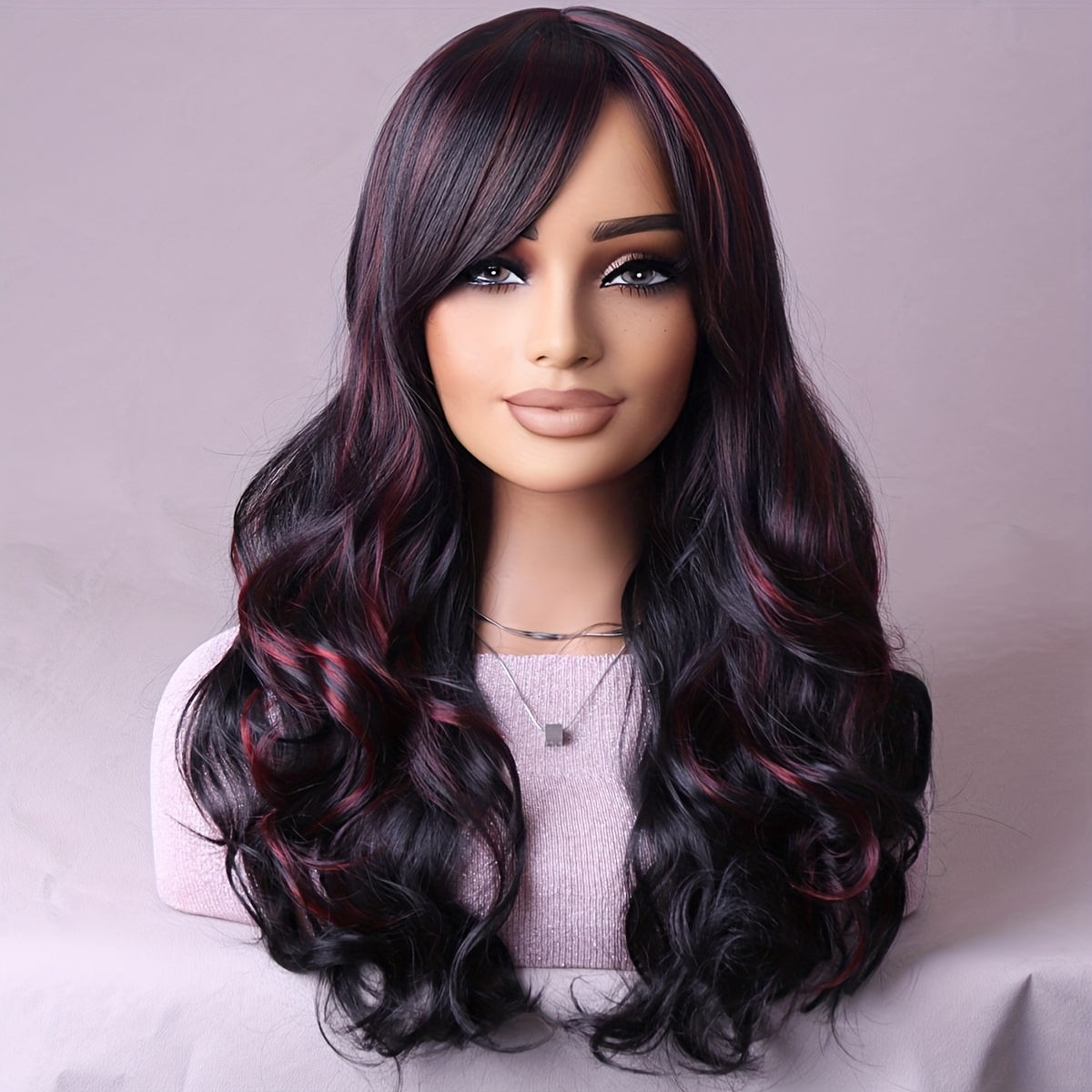 E-shop Damen 24-Zoll Wellenlocken Perücke, Schwarz Burgunder Mix, Seitlicher Pony Design, Große Wellenlocken, Hitzebeständige Faser, Ideal für Partys