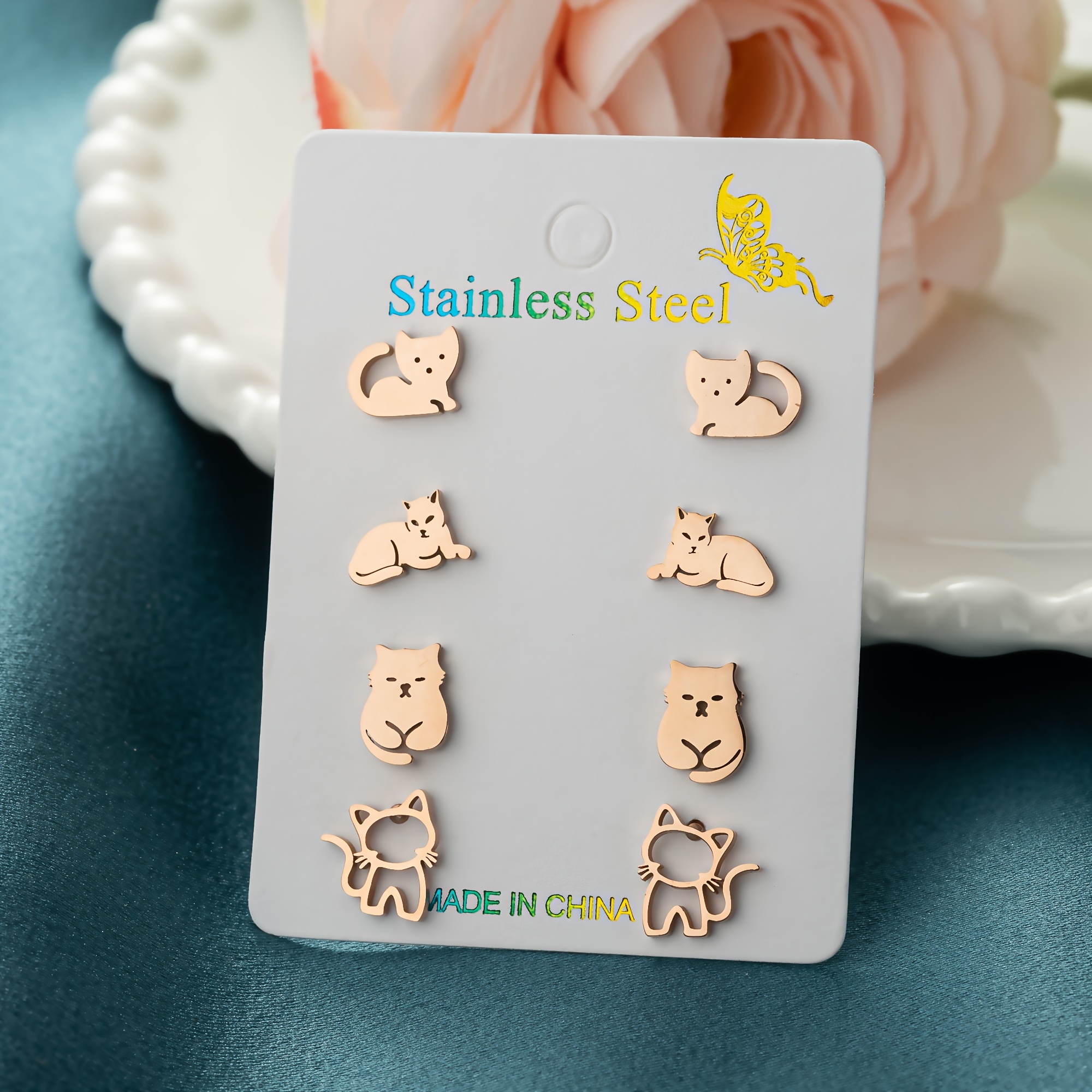 Image of 1 Card/set Of Origami Stainless Steel Cat Stud Earrings Women And Men Jewelry Small Animal Kitten Stud Earrings Kitten Stud Birthday Gift