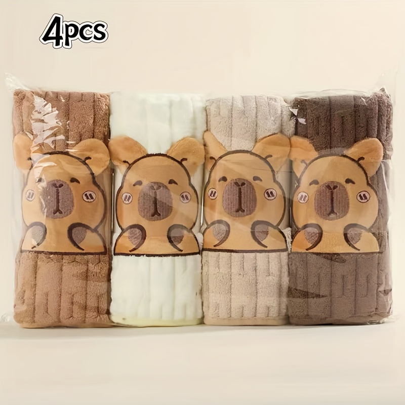 Image of 4pcs Capybara Coral Fleece Towel Set, Cute Capybara Towels, And Absorbent Couple's Face Towels
