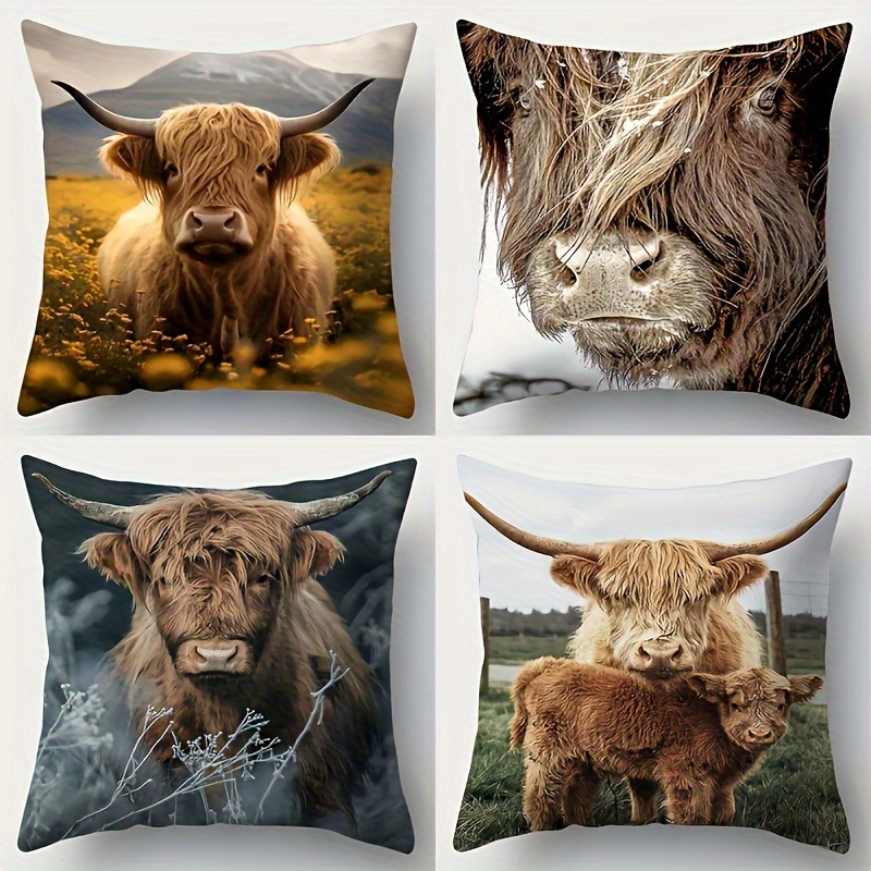 

Modern Highland Cow 4pcs Pillow Cover Set - Soft & , Zip Closure, , Machine Washable - Ideal For Living Room, Bedroom, And Sofa Decor