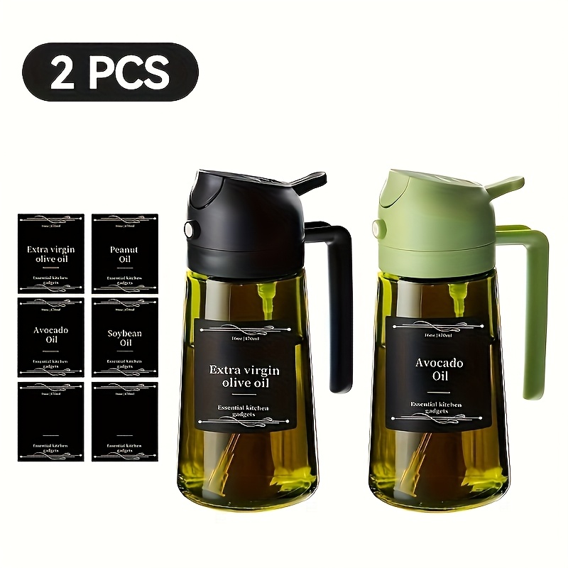 TEMU 2-pack Kitchen Glass Olive Oil Dispenser Bottles, 2-in-1 Oil Bottle Cooking Sprayer, 16oz Premium Dark Green Glass Oil Bottles, Cooking Oil