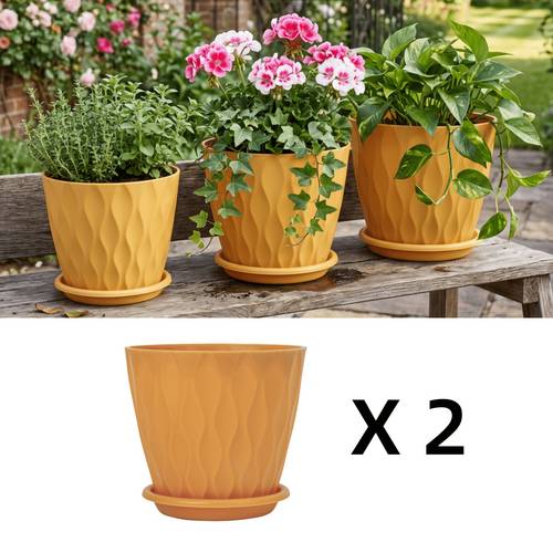 2pcs orange yellow plastic flower pots universal for indoor and outdoor planting with drainage holes and water tray striped design suitable for flowers and plants ideal for placement on courtyards bedrooms gardening gift home decor