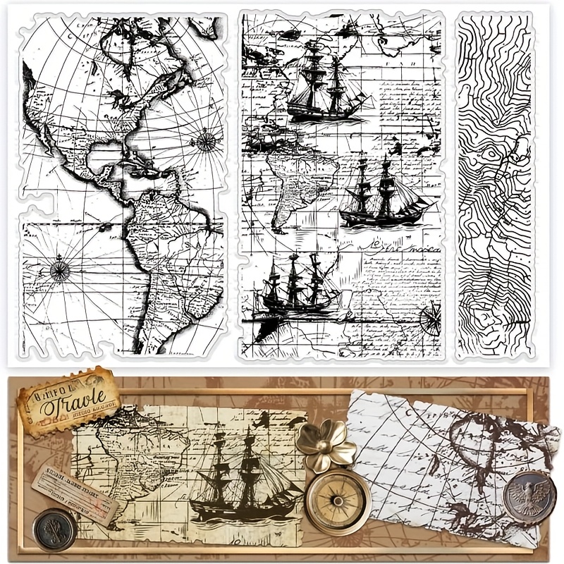 Image of 1pc A Clear Stamp Featuring A Vintage World Map, Made Of Rubber, Ideal For Crafting Projects Like Journals, Scrapbooks, Photo Albums, Holiday Cards, And Gift Tags