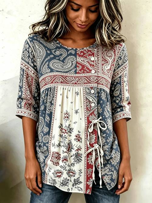 blouse pour femme à floral patriotique avec drapeau américain, manches courtes, boutonnage et lacets, haut et décontracté