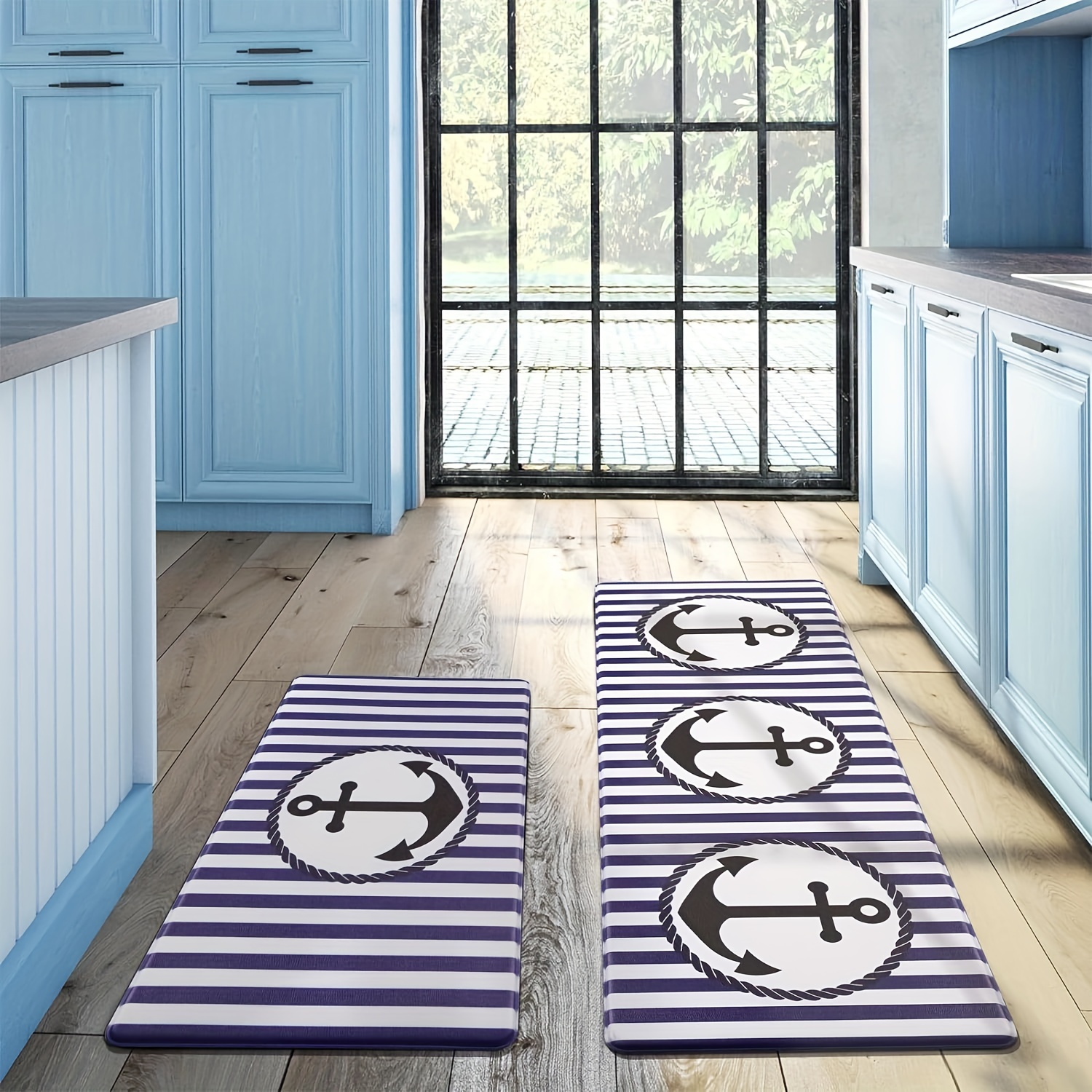 

Nautical Kitchen Rug: Navy Blue And White Striped Mat With Anchors, Suitable For Entryways, Kitchens, Bedrooms, And Living Rooms - Machine Washable, Waterproof, And Non-slip