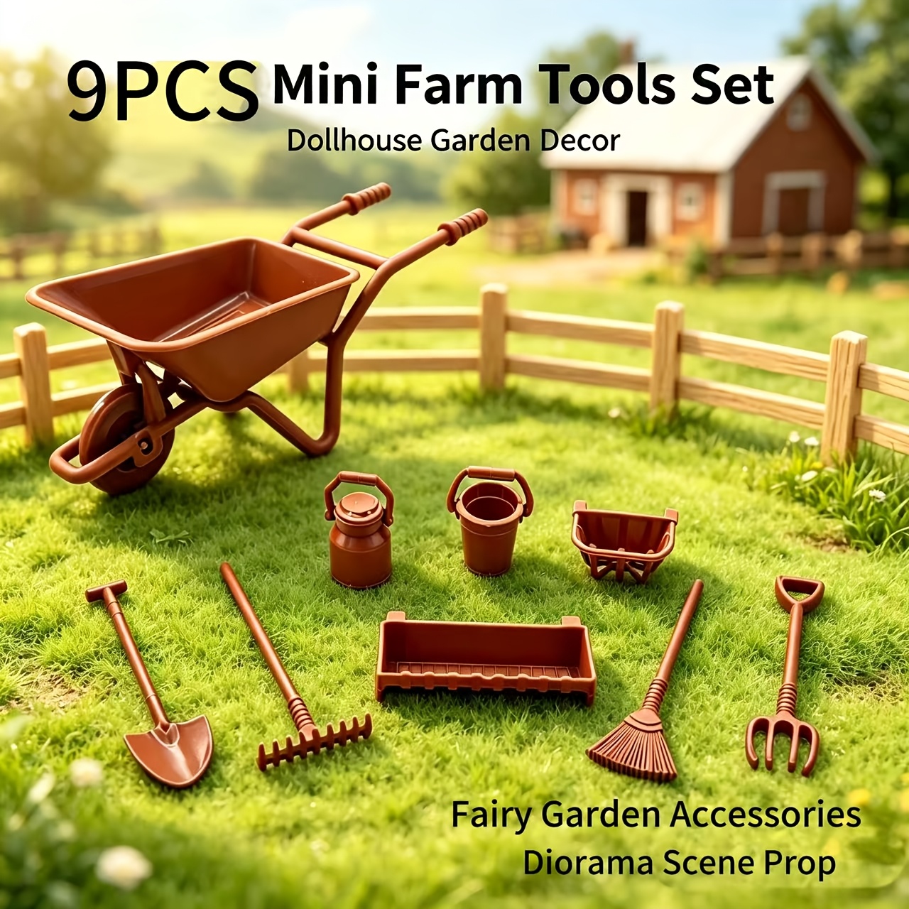 TEMU 9pcs Mini Farm Tools Set, Suitable For 1:10 1:12 1:14 Scale, Dollhouse & Diorama Micro Landscape Diy Decor, Miniature Wheelbarrow Gardening