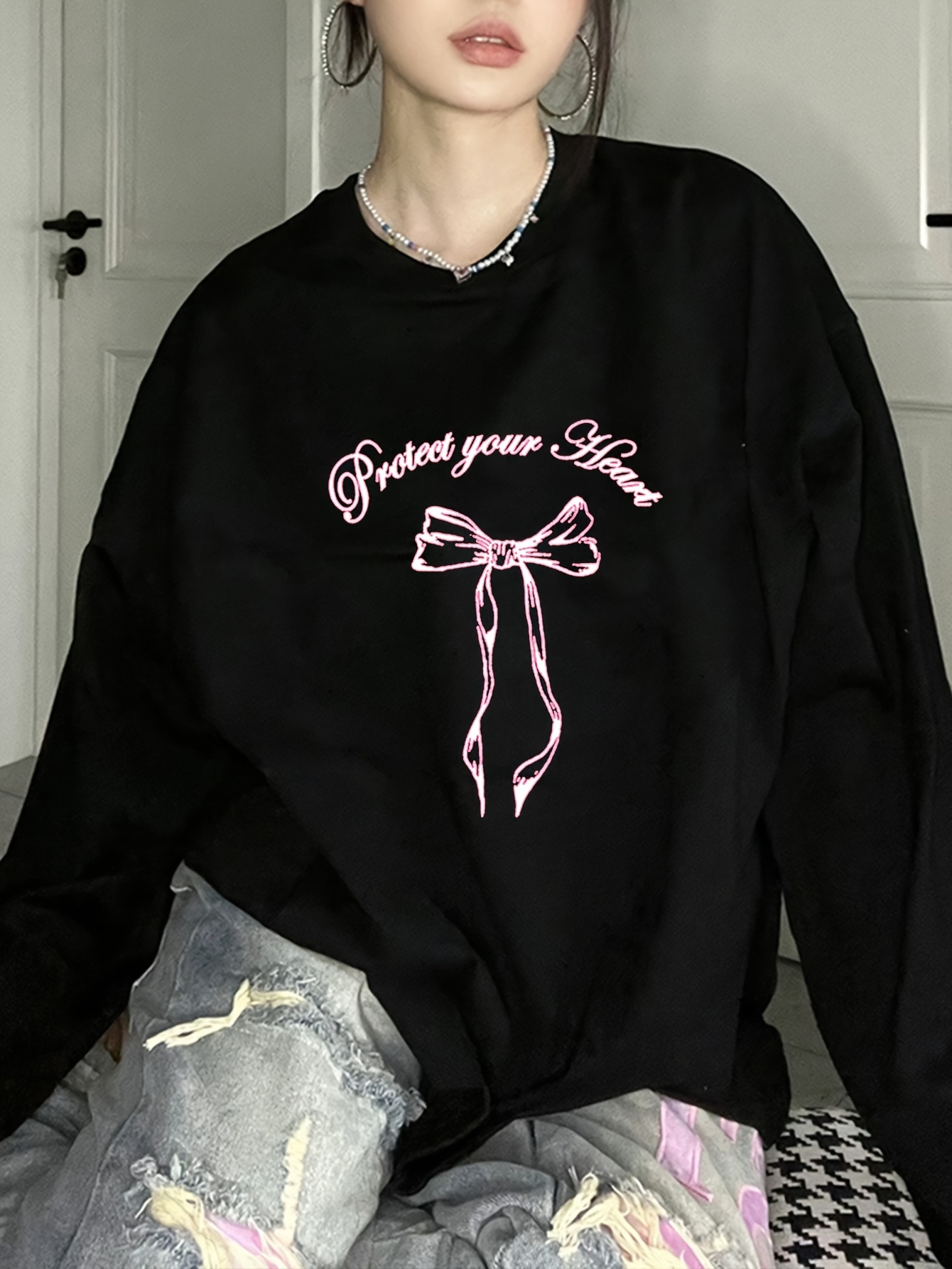 womens long sleeve round neck sweatshirt oversized casual Temu