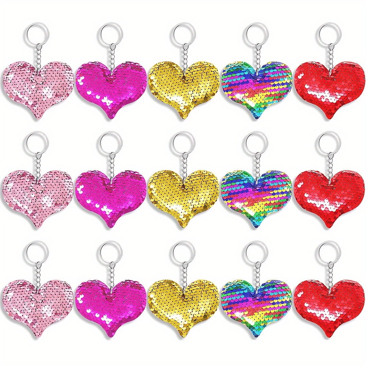 

15pcs Sparkling Sequin Heart Keychains - Cute Cartoon Metal Charms For Bags & Backpacks, Favors & Gifts