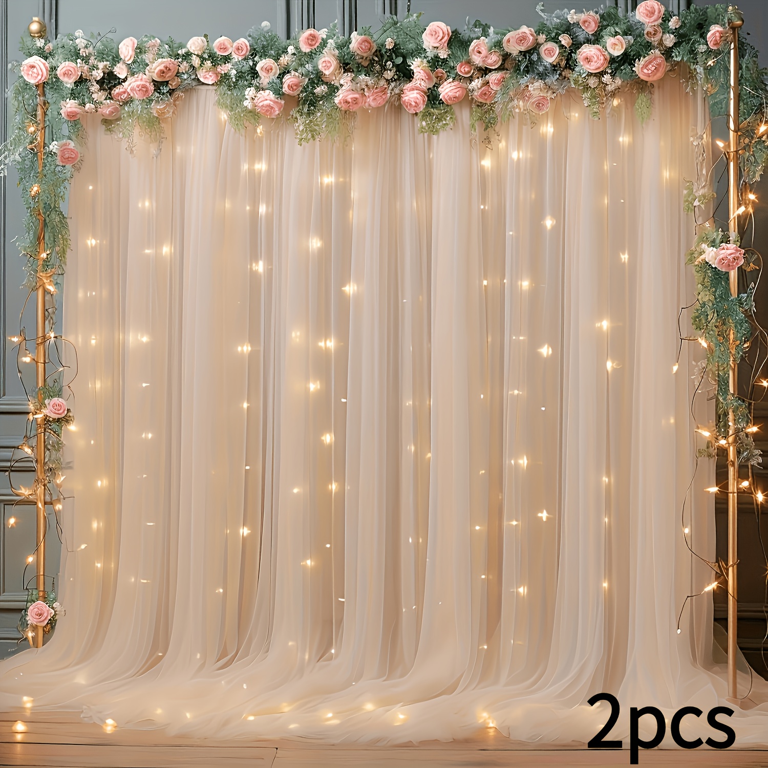 TEMU 2pcs Photo Booth Props180*300cm/5.9x10ft Tulle Backdrop Non-porous Tulle With String Lights For Party, Sheer Curtain Backdrop Wedding For Party