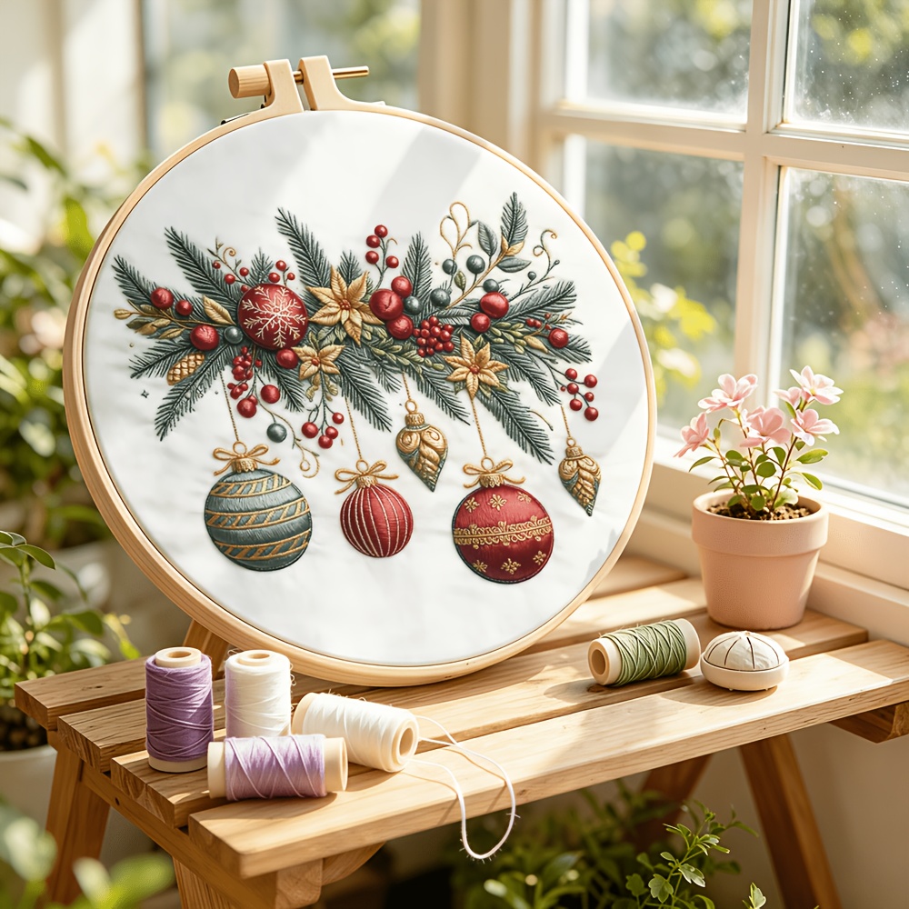 TEMU Kit de broderie de Noël complet à faire soi-même pour adultes et débutants - de broderie à main avec tissu, aiguilles, fil, cercles, manuel et -