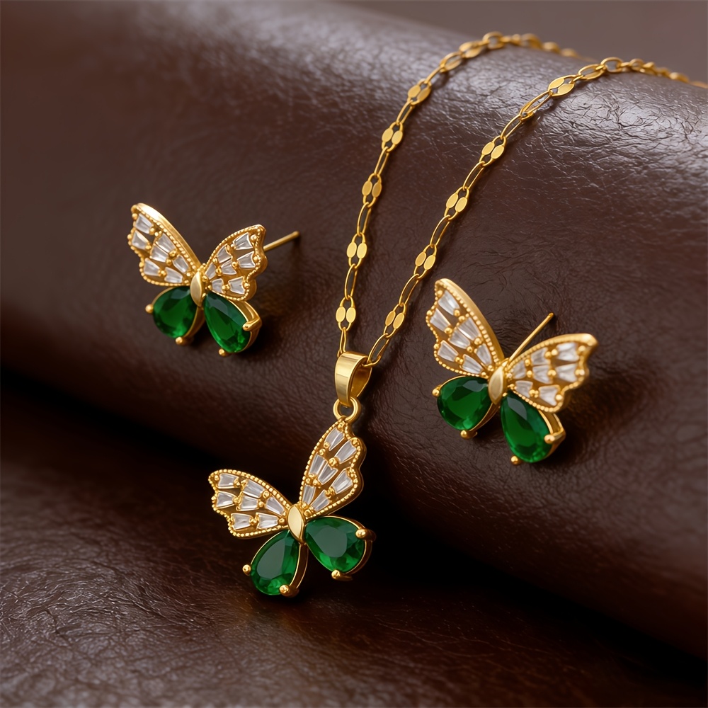 TEMU Parure 3 pièces en acier de titane avec pendentif papillon et boucles d'oreilles à clous, luxe léger -décoloration -allergique micro-incrusté,