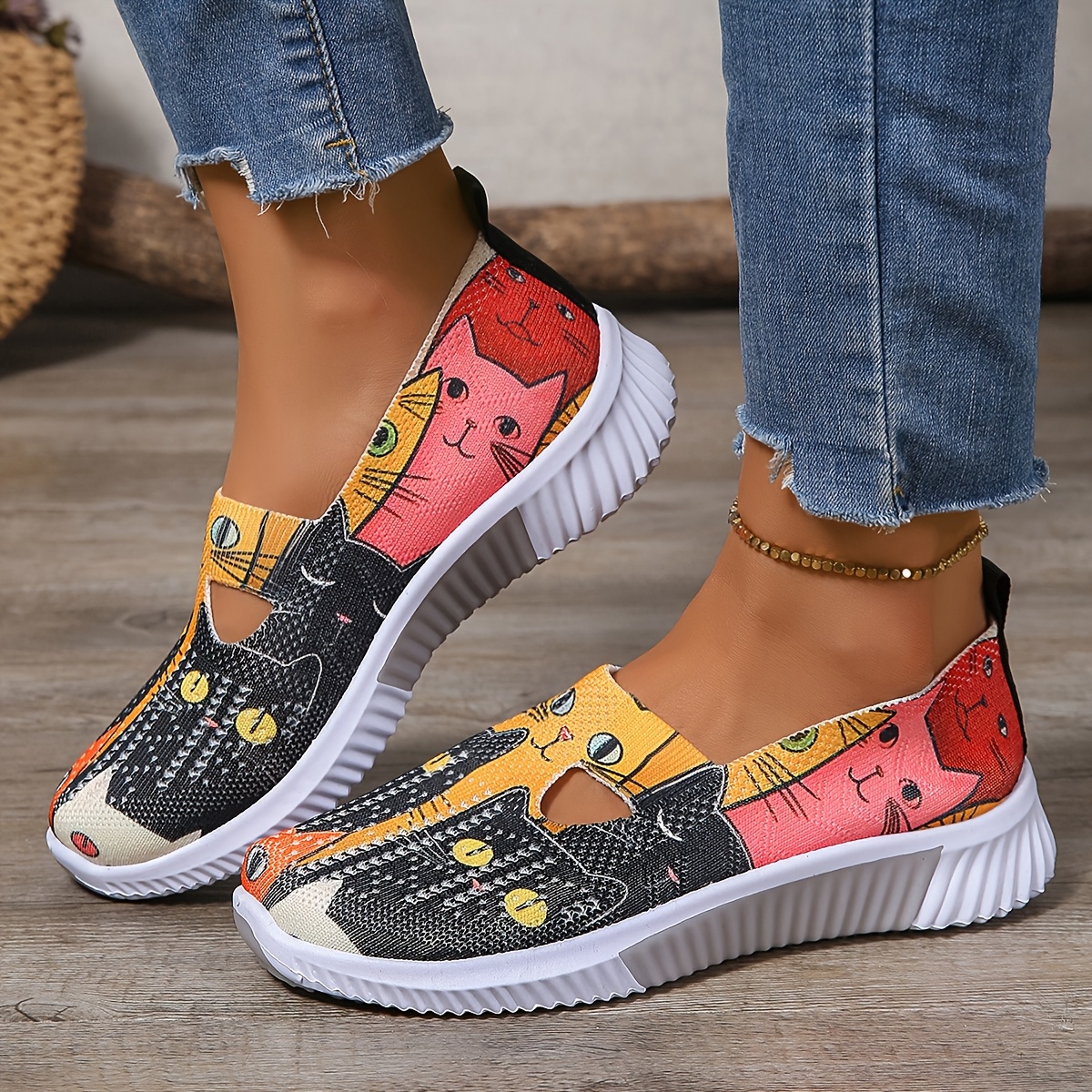 Women'S Cartoon Cat Pattern Fashion Sneakers, Summer Fabric Slip-On Casual  Shoes, Lightweight Comfortable Low Top, with PVC Sole and Fiber I
