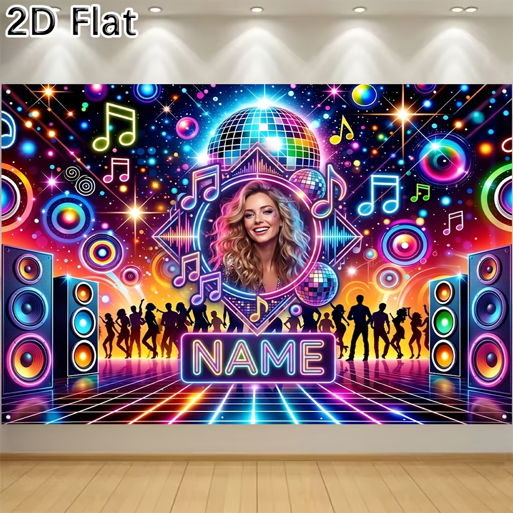 TEMU Bannière de fête disco néon 2D plate, 1 pièce, avec photo/nom personnalisé, toile de fond pour décoration murale, lettres lumineuses néon pour