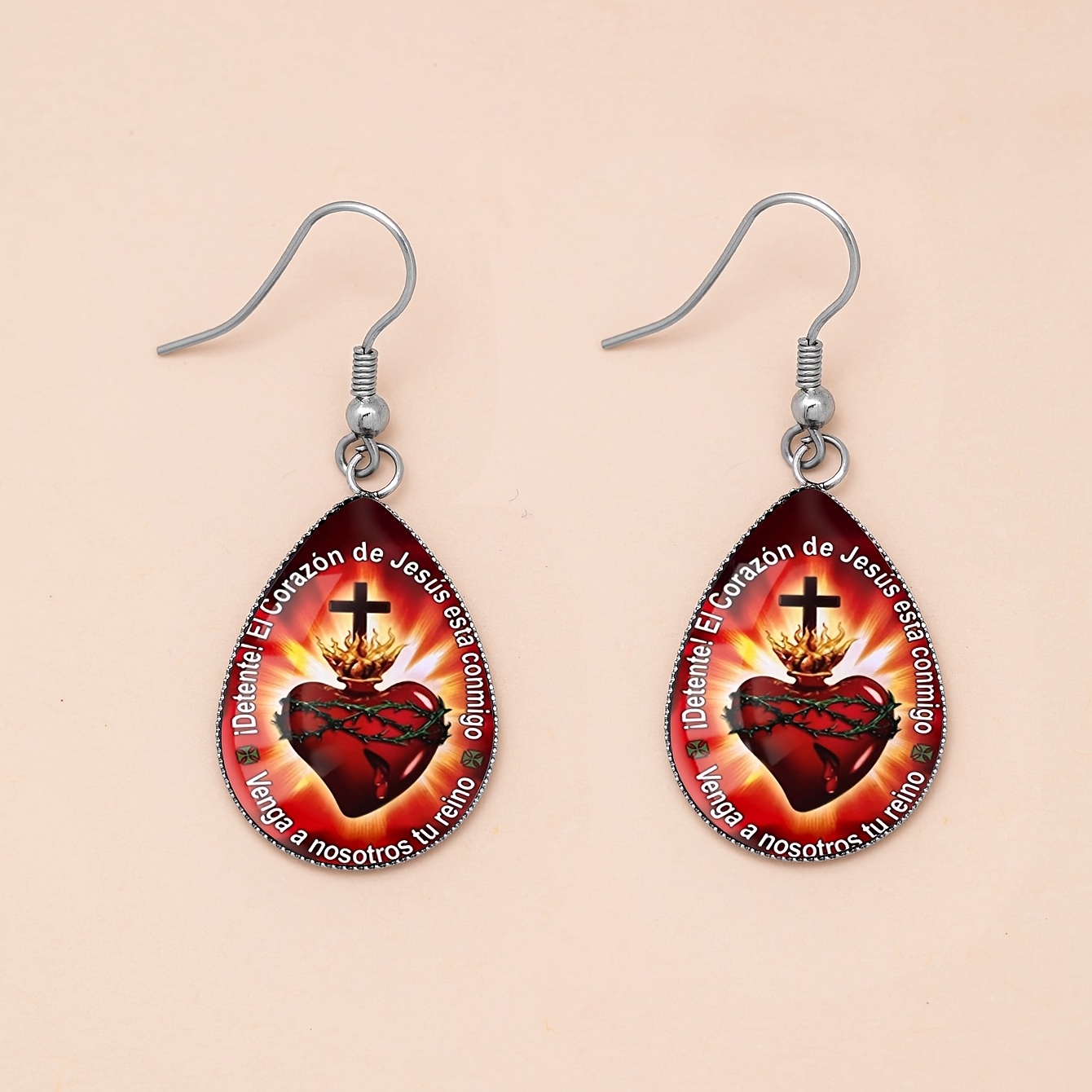 Red Base Sacred Heart Cross Pattern Water Drop Earrings