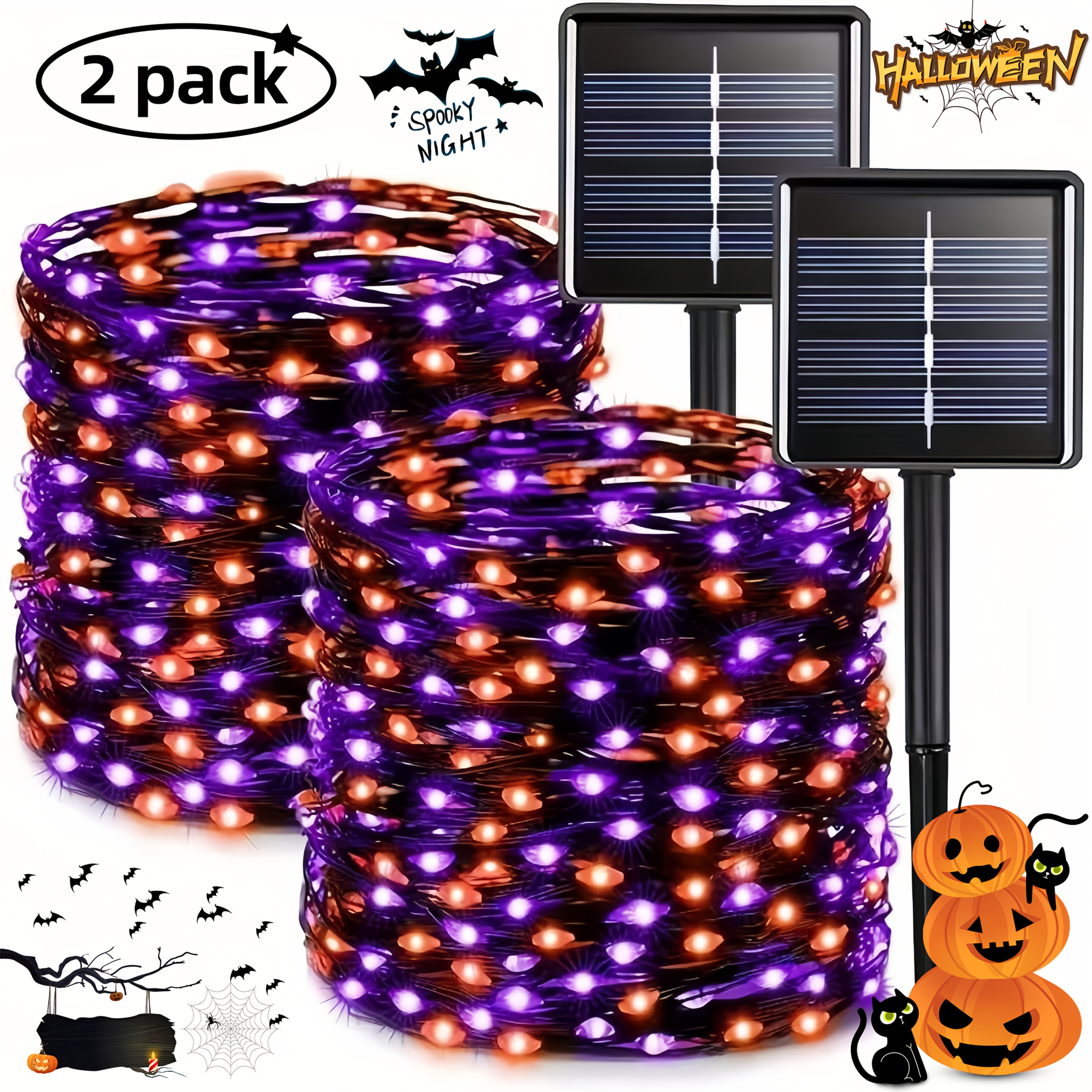 TEMU 2/1pack Total 240/120led, 80ft Solar Orange-purple Halloween Lights, Ip65 Lights, Halloween Decorations, Haunted House, Trick-or-, Halloween