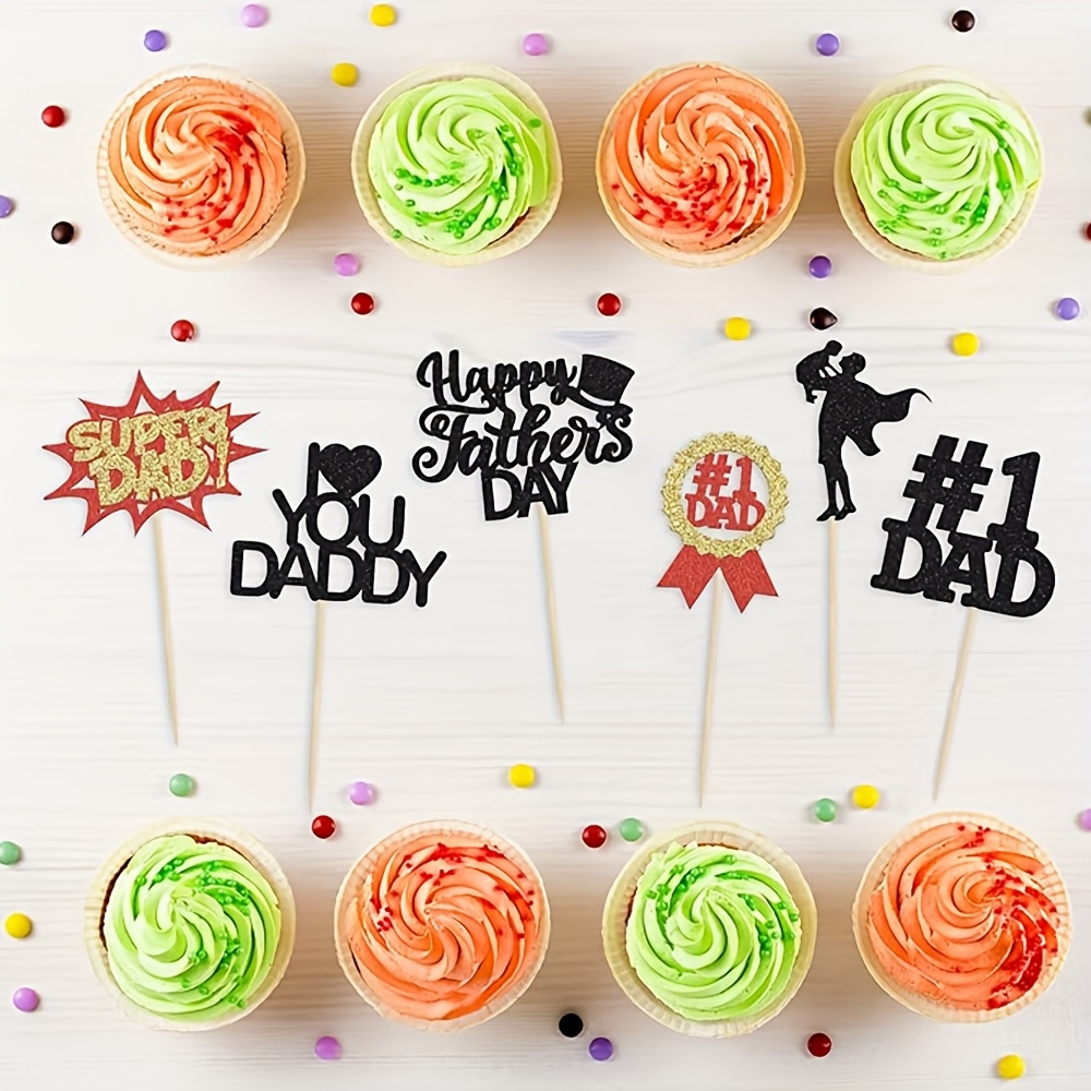 24 Vatertag-Cupcake-Topper Mit Hut & Glitzer – „Bester Papa“ | Für Kuchen, Muffins & Dessert-Deko