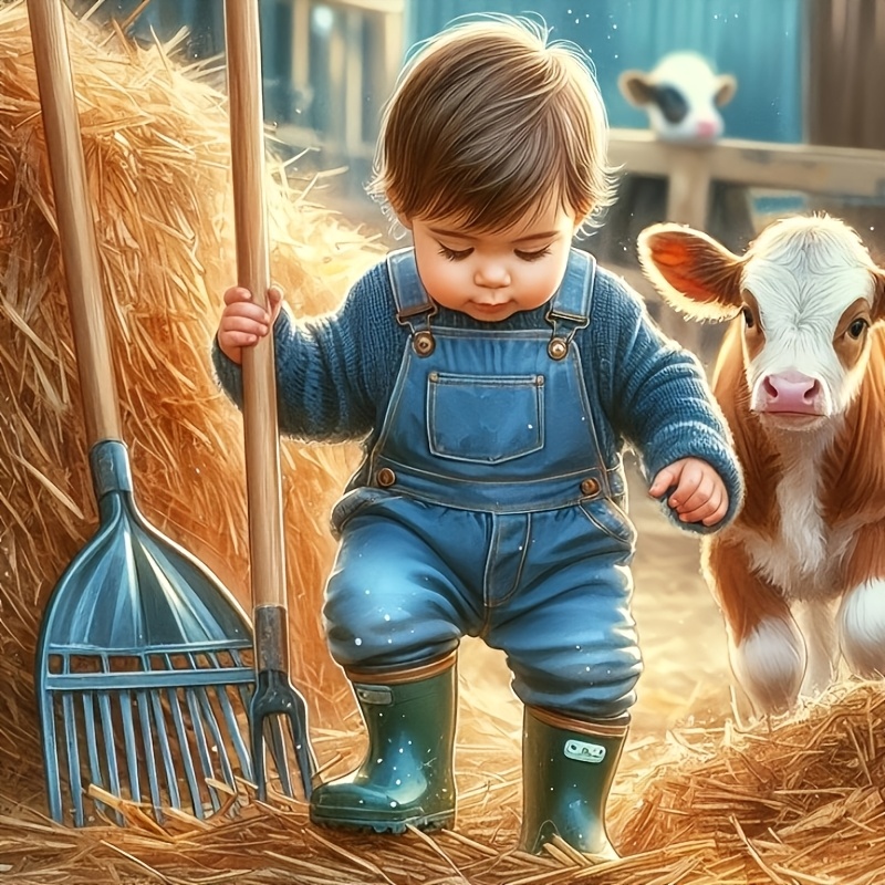 

1pc 5d Diy Diamond Painting Kit 40x40cm, Boy & Cow , Diamonds, For Beginners & Hobbyists, & For