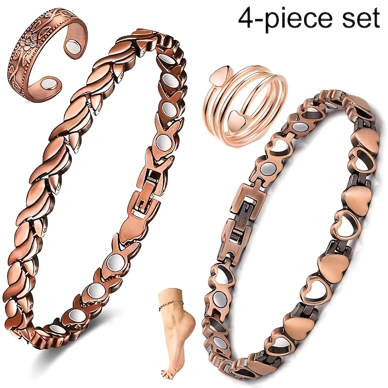 TEMU 4pcs Set Of Women's Pure Copper Bracelet, Anklet, And Ring, 99% Pure Copper Jewelry Gift Set, Includes Size Adjustment Tool, Exquisite Gift,