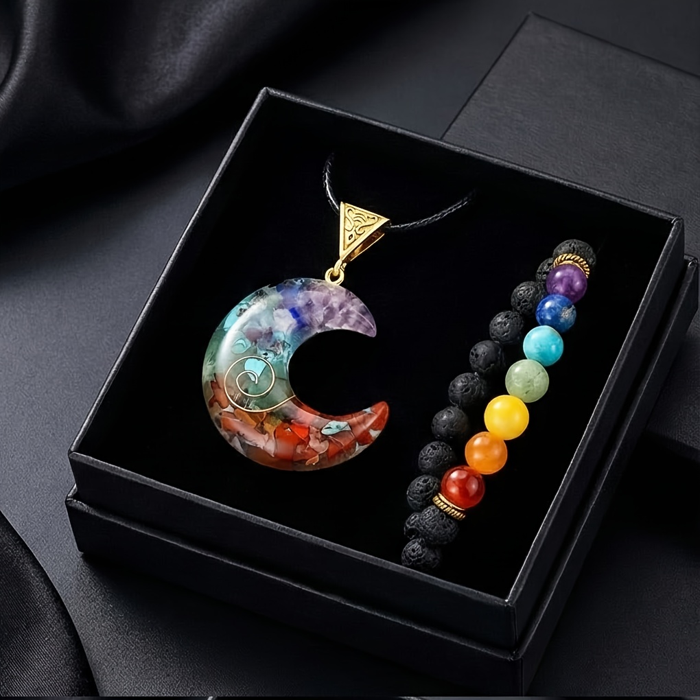 TEMU 3pcs 7 Chakra Jewelry Set - Pendant Gift Box Included, Necklace & Bracelet With Natural Stone Clusters, Transparent Resin Accessories In Black