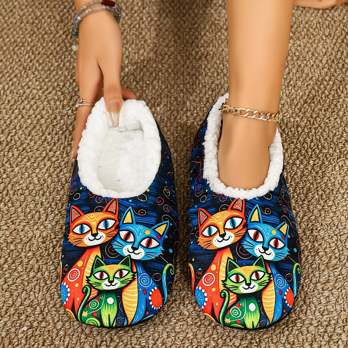 TEMU Women's Fashion Fantasy Colorful Cat Print Full-coverage Heel Slippers, Plush-lined Warm Flat Indoor Sock-style Slippers, Bedroom House Shoes,