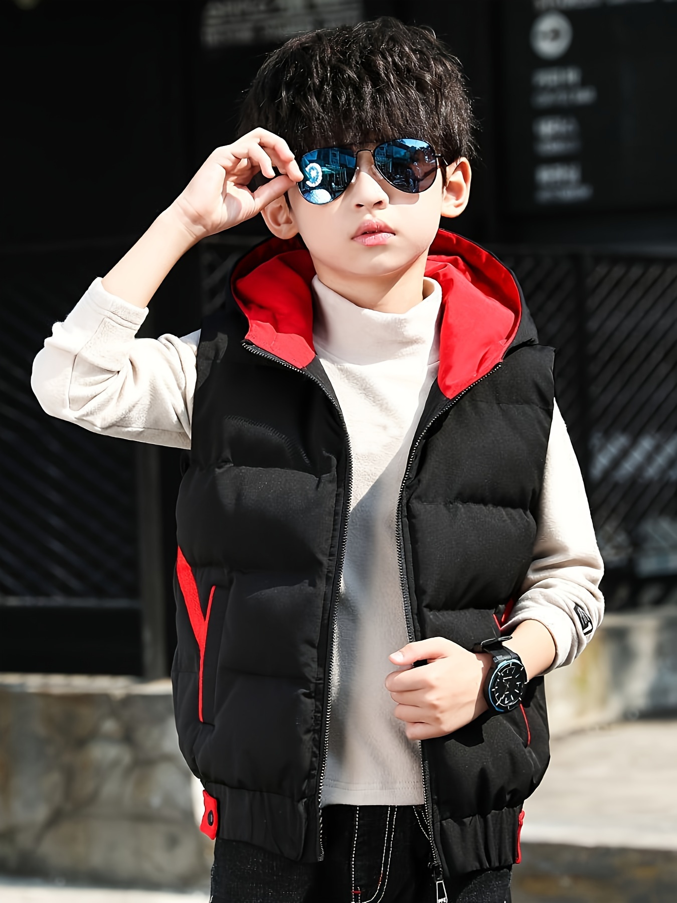 boys hooded vest winter jacket full zip closure red black Temu