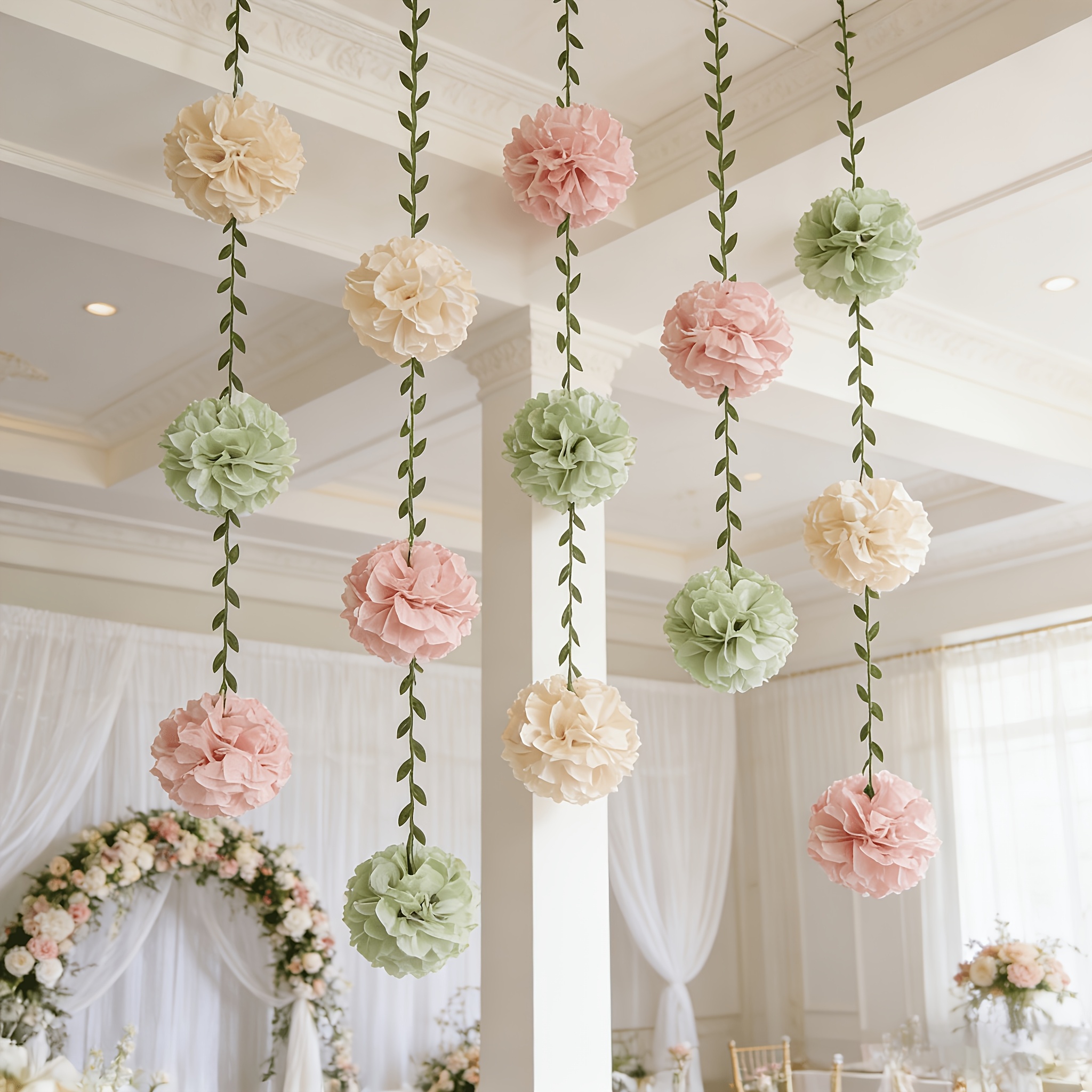 [série de cores macaron  ] conjunto de decoração de mesa com flores de papel  , 25 unidades, aniversário, casamento, chá de panela,  , decoração de festa,   de pompons de papel  , rosa, verde sálvia e   de papel cor de  , com   de fita pendurada com banda de folhas