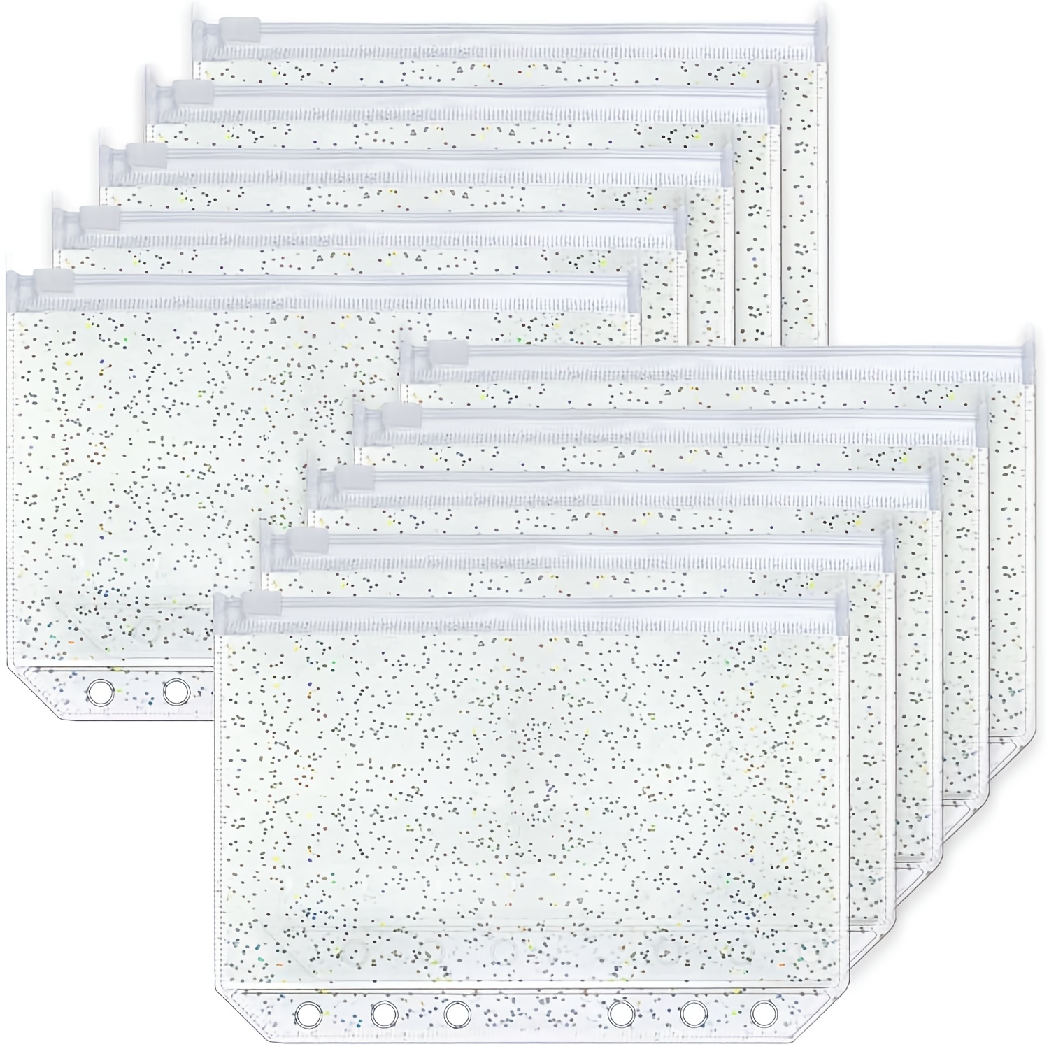 TEMU 6pcs Shiny Transparent Zipper Binder Pockets, 6-hole Design, A5 Size, Ideal For Travel Notebooks And Cards, Office Supplies Durable Pvc Material