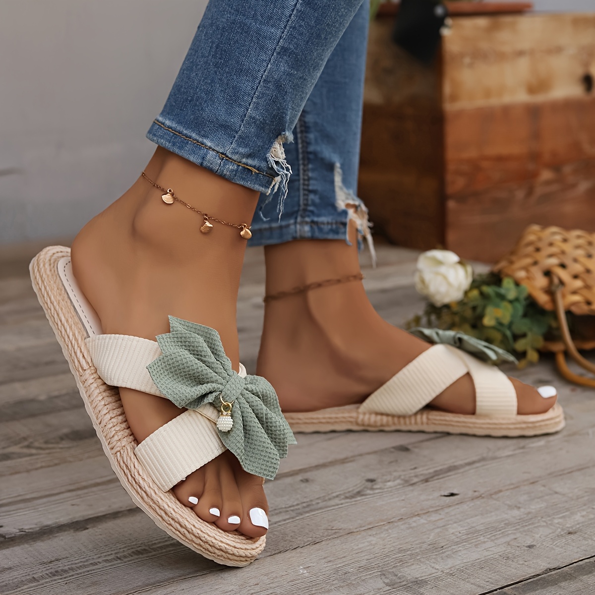 breathable linen slides open toe lightweight   stylish slip on shoes for indoor outdoor relaxation vintage round toe flat sandals with decorative bow indoor outdoor shoes vintage style sandals eva sole sandals details 1