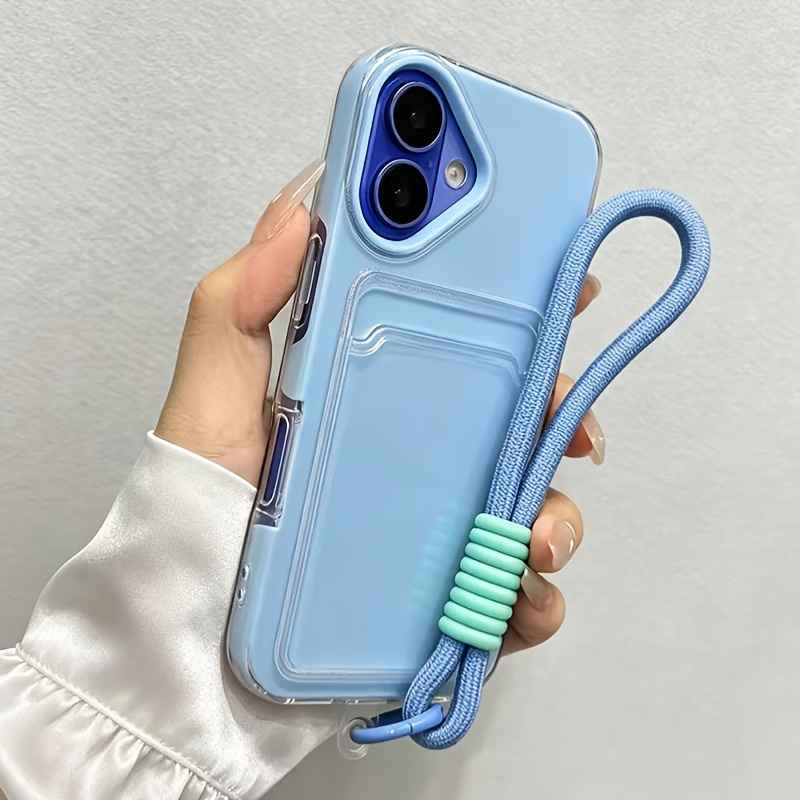 TEMU Phone Case - Macaron Solid Color Card Bag Phone Case With Hanging Rope 2-in-1 Shockproof Phone Case Suitable For Iphone 17 Pro 17 16 15 14 13