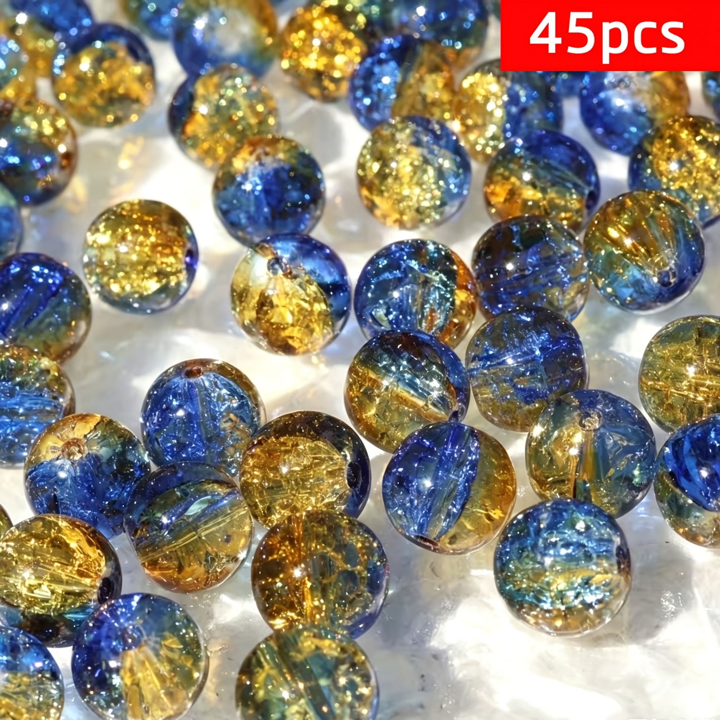 TEMU Perles en verre craquelé Dopamine bleu/jaune de 10 mm, perles rondes décontractées bicolores d'été, fournitures de perles pour bracelets faits