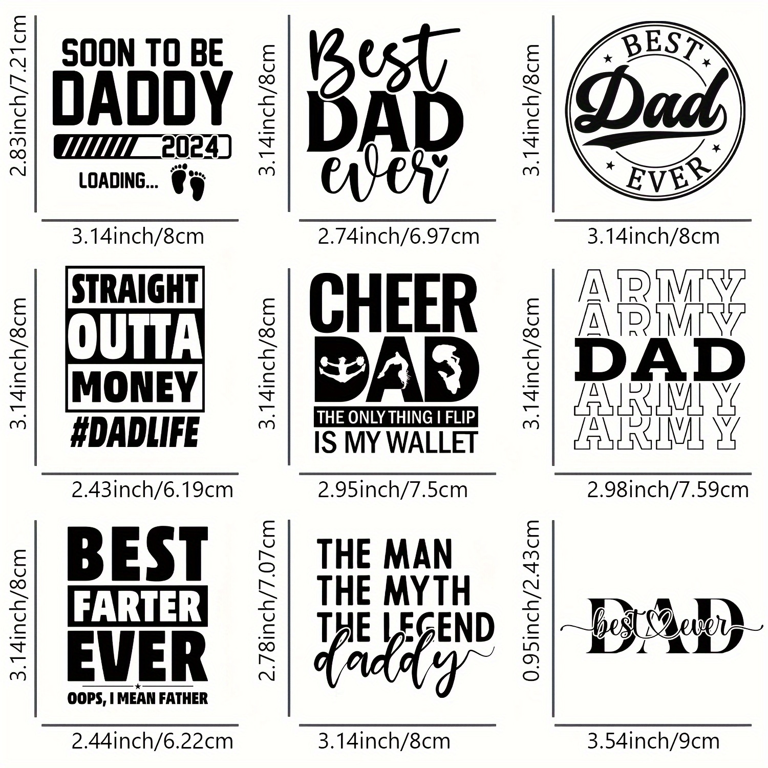 TEMU 9pcs/set Pocket-sized Dad Design Heat Transfer Stickers, For T-shirt Clothing Jacket Pillowcase Sweatshirt Backpack