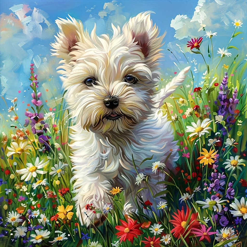 

1pc 40x40cm/15.7x15.7inches Without Frame Diy Large Size 5d Diamond Art Painting Dog In The Flowers, Full Rhinestone Painting, Diamond Art Embroidery Kits, Handmade Home Room Office Wall Decor