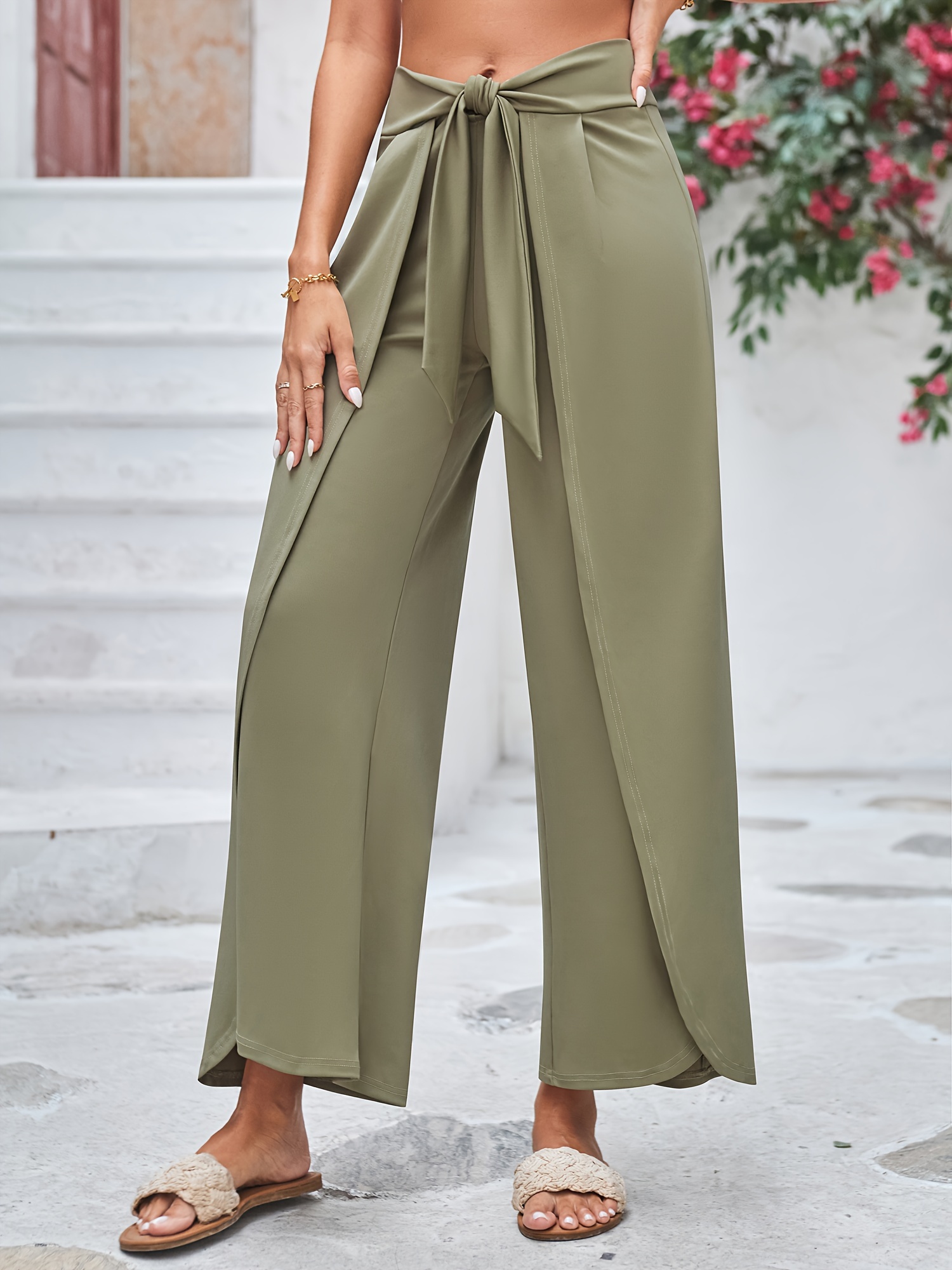 women's casual wide leg trousers 95% polyester 5% spandex - Temu