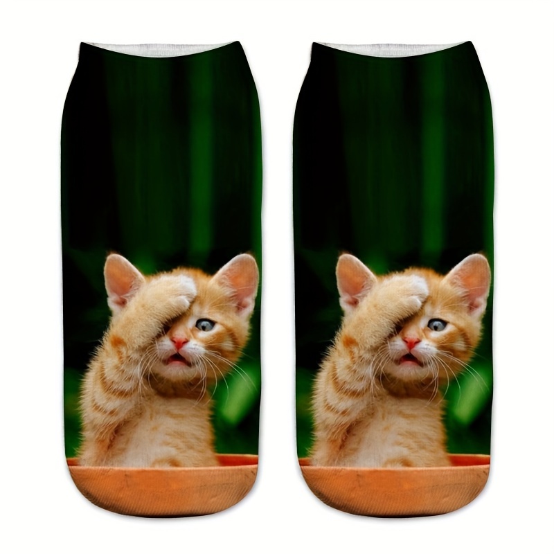 Image of Men's Cartoon Cat Ankle Socks - Breathable Polyester, Casual Wear & Gifts