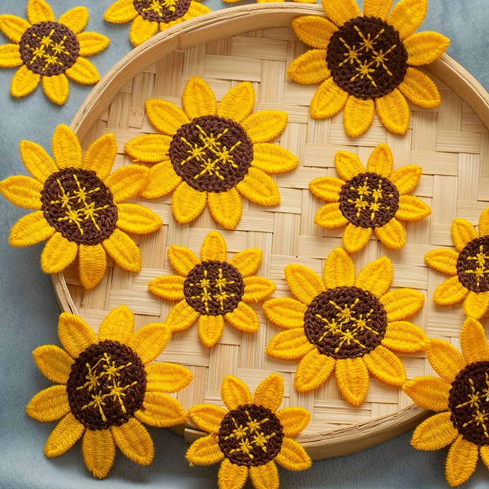 TEMU 5pcs Sunflower Embroidered Patches, Decorative Fabric Appliques For Jeans And Clothing Repair, 6.7cm Wide